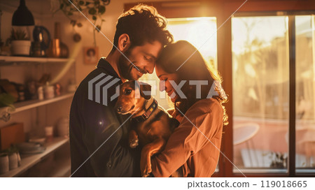Couple holding a dog in a sunny living room 119018665