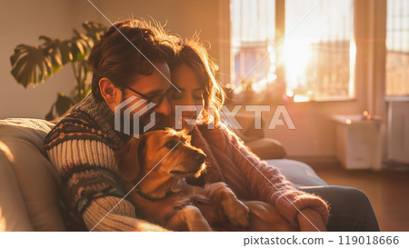 Couple holding a dog in a sunny living room 119018666