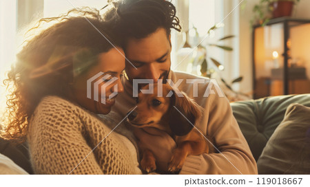 Couple holding a dog in a sunny living room 119018667