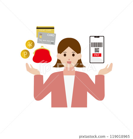 Illustration of a woman promoting cashless payment 119018965