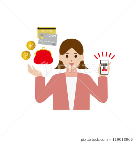 Illustration of a woman promoting cashless payment Illustration of a woman promoting cashless payment 119018966