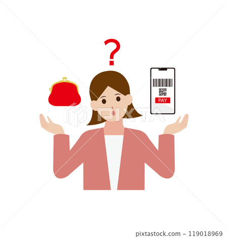 Illustration of a woman who doesn't know whether cashless payment or cash is more cost-effective 119018969