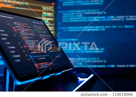 Programming code abstract screen of software developer. Coding script text on screen. 119019066
