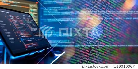 Programming code abstract screen of software developer. Coding script text on screen. Programming code abstract screen of software developer. Coding script text on screen. 119019067