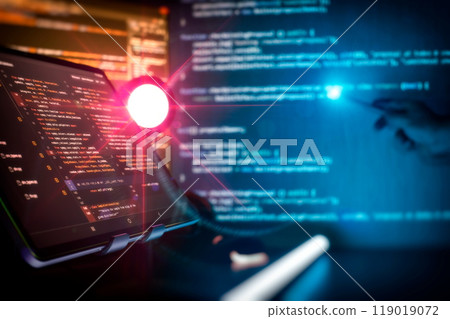 Project managers work new idea. Mobile app developer. Innovative startup project. Website programming code Project managers work new idea. Mobile app developer. Innovative startup project. Website programming code 119019072