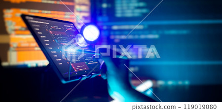 Technology background. Development, programming and coding technology concept. A programmer manually works with program code Technology background. Development, programming and coding technology concept. A programmer manually works with program code 119019080