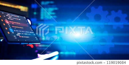 Writing programming code on laptop. Software source code. Programming code. Abstract IT technology background. Writing programming code on laptop. Software source code. Programming code. Abstract IT technology background. 119019084