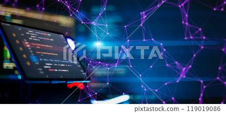 Writing programming code on laptop. Software source code. Programming code. Abstract IT technology background. 119019086