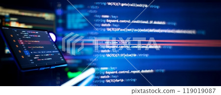 Writing programming code on laptop. Software source code. Programming code. Abstract IT technology background. 119019087