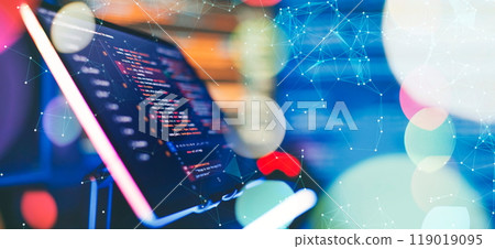 Working atmosphere of a programmer at home, IT business. Monitor closeup of function source code. Project managers 119019095