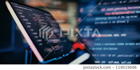 Working atmosphere of a programmer at home, IT business. Monitor closeup of function source code. Project managers Working atmosphere of a programmer at home, IT business. Monitor closeup of function source code. Project managers 119019096