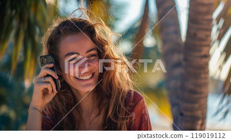Young woman smiling while talking on the phone Young woman smiling while talking on the phone 119019112