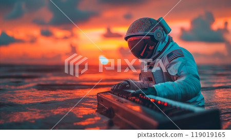 Astronaut in suit, helmet playing keyboard in the ocean during sunset. Generative AI 119019165