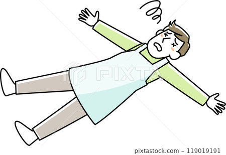 A young man wearing an apron lying down 119019191