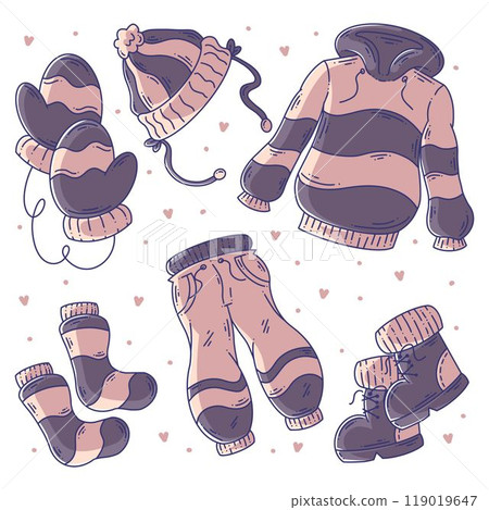 Hand drawn set of winter cloth and essentials doodle fullcolor 119019647