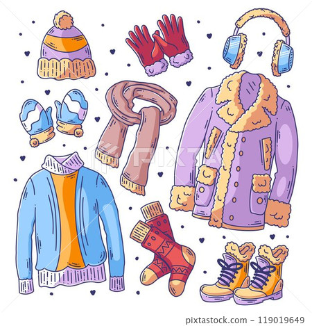 Hand drawn set of winter clothes and essentials doodle fullcolor Hand drawn set of winter clothes and essentials doodle fullcolor 119019649