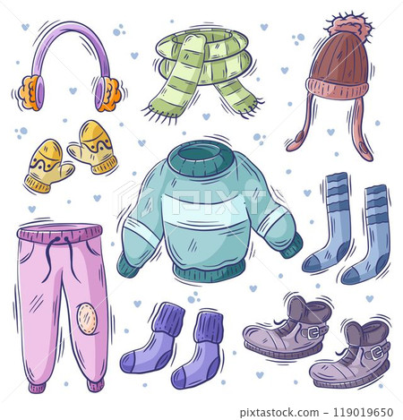 Hand drawn set of winter clothes doodle fullcolor Hand drawn set of winter clothes doodle fullcolor 119019650