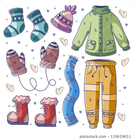 Hand drawn set of winter essentials doodle fullcolor Hand drawn set of winter essentials doodle fullcolor 119019651