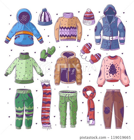 Winter warm clothes hand drawn doodle full color 119019665