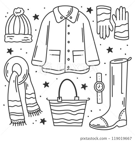 Hand drawn set of winter fashion doodle coloring 119019667