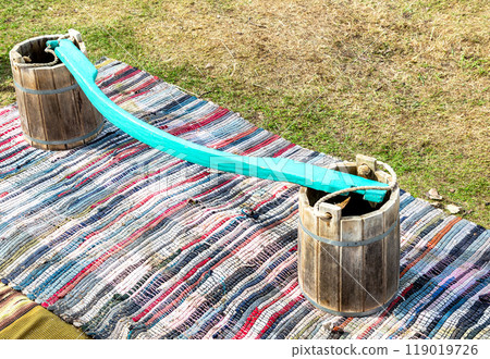 Wooden buckets for water and shoulder yoke Wooden buckets for water and shoulder yoke 119019726