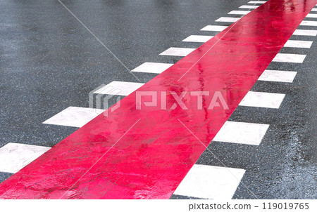 Pedestrian crossing for Bike Lane with white and red stripes  on the asphalt road 119019765