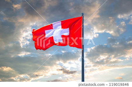 Flag of Switzerland flying in the wind against a cloudy sky. 119019846