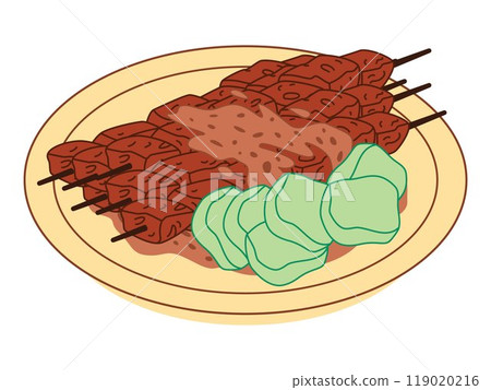 Indonesia cuisine sate Madura East Java traditional food chicken beef satay peanut sauce seasoning spicy taste design icon set colorful 119020216