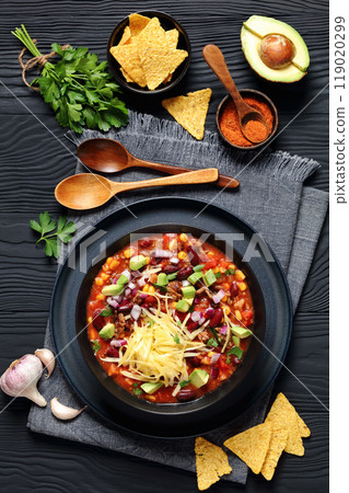 taco soup with kidney bean, corn, ground beef taco soup with kidney bean, corn, ground beef 119020299