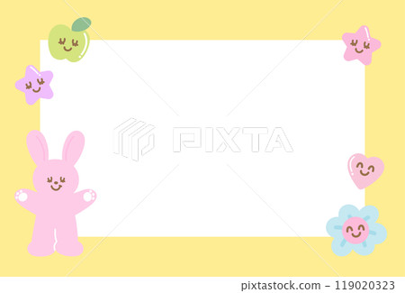 Cute yellow frame with bunny, star, flower, apple for polaroid frame, animal, social media, post card, rectangle ad template, book cover, sticky note, banner, name tag, rabbit cartoon, happy easter Cute yellow frame with bunny, star, flower, apple for polaroid frame, animal, social media, post card, rectangle ad template, book cover, sticky note, banner, name tag, rabbit cartoon, happy easter 119020323