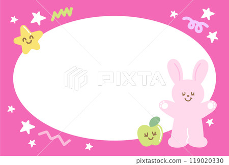 Cute pink frame with bunny, star, apple for polaroid frame, animal, zoo, social media, poster, post card, rectangle ad template, book cover, sticky note, banner, name tag, happy easter, rabbit cartoon 119020330