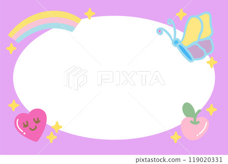 Cute purple frame with butterfly, rainbow, cherry, heart for polaroid frame, animal, social media, post card, rectangle ad template, sticky note, banner, name tag, spring, summer, blossom, Pride Month 119020331