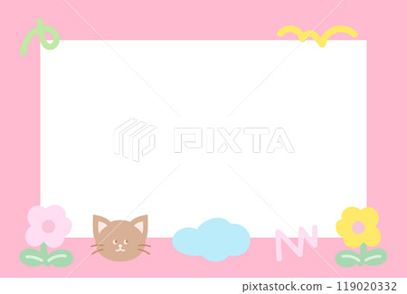 Cute pink frame with cat, flower, cloud for polaroid frame, animal, pet shop, vet, social media, post card, rectangle template, sticky note, banner, name tag, spring, summer, blossom, kitten cartoon 119020332