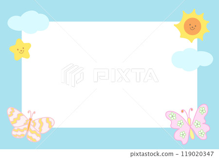 Cute pastel blue frame with butterfly, sun, stars, cloud for polaroid frame, animal, social media, post card, rectangle template, sticky note, banner, name tag, spring, summer, blossom, picnic, park Cute pastel blue frame with butterfly, sun, stars, cloud for polaroid frame, animal, social media, post card, rectangle template, sticky note, banner, name tag, spring, summer, blossom, picnic, park 119020347