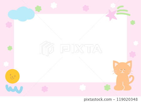 Cute pink frame with cat, stars, cloud for polaroid frame, animal, pet shop, vet, social media, post card, rectangle template, sticky note, banner, name tag, spring, summer, blossom, kitten cartoon Cute pink frame with cat, stars, cloud for polaroid frame, animal, pet shop, vet, social media, post card, rectangle template, sticky note, banner, name tag, spring, summer, blossom, kitten cartoon 119020348