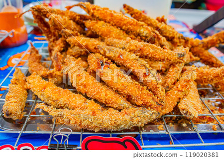 Deep fried Capelin Fish (Shishamo), Thai fried battered egg fish. 119020381