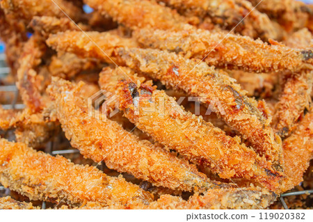 Deep fried Capelin Fish (Shishamo), Thai fried battered egg fish. 119020382