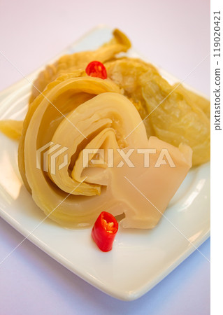 Chinese traditional food, pickled green chinese cabbage and chili thai style. Chinese traditional food, pickled green chinese cabbage and chili thai style. 119020421