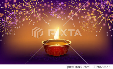 Indian festival of light Diwali. Victory goodness. Clay lamps and fireworks. Traditional decorations and symbols colored patterns. Design banner postcard of advertising materials. Vector illustration. Indian festival of light Diwali. Victory goodness. Clay lamps and fireworks. Traditional decorations and symbols colored patterns. Design banner postcard of advertising materials. Vector illustration. 119020868