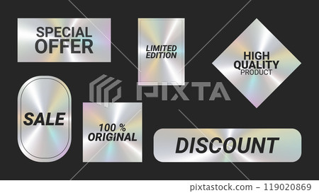 Holographic stickers logos emblem labels color set. Geometric shapes. For packaging product of promotional material. Sticker for clothes or accessories. Vector illustration. 119020869