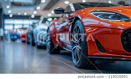 Showroom with bright modern new cars are standing in rows. Modern automobile selection in a dealership setting. Support car insurance service. Showroom with bright modern new cars are standing in rows. Modern automobile selection in a dealership setting. Support car insurance service. 119020891