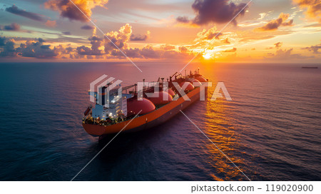Aerial drone photo of a huge liquefied gas carrier with five storage tanks. Advanced liquefied gas carrier prioritizing environmental protection. Aerial drone photo of a huge liquefied gas carrier with five storage tanks. Advanced liquefied gas carrier prioritizing environmental protection. 119020900