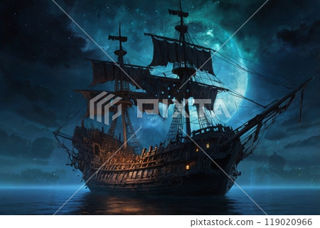 夜晚漂浮在海上的幽靈船 夜晚漂浮在海上的幽靈船 119020966