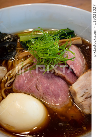 Yonabaru NAGISA soy sauce ramen: Yamahara local chicken and Kumejima red chicken soup, roasted pork, green onion, boiled egg 119021027