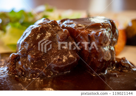Furano Wagyu beef stewed in Furano red wine, close-up, side view Furano Wagyu beef stewed in Furano red wine, close-up, side view 119021144