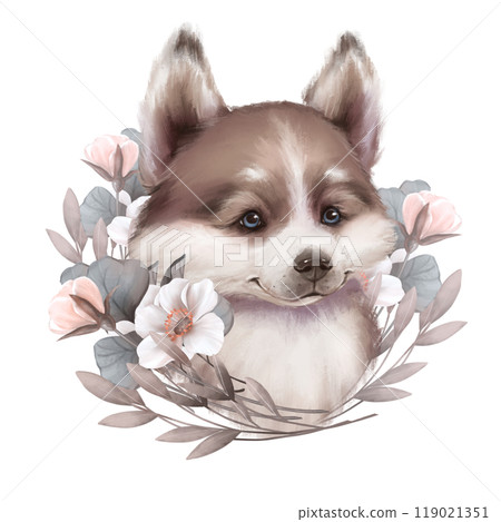 Cute dog illustration. Puppy and flowers Cute dog illustration. Puppy and flowers 119021351