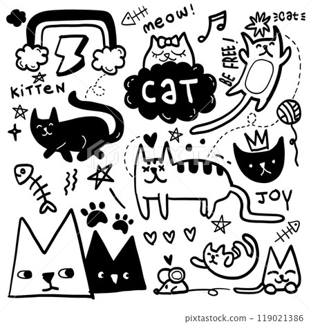 Playful Cat Doodle Collection with Fun Elements Playful Cat Doodle Collection with Fun Elements 119021386
