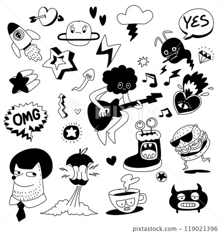 Hand Drawn Doodle with Quirky Characters and Fun Elements 119021396