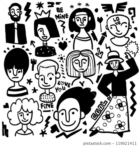 Hand Drawn Doodle with Various Human Characters and Fun Elements Hand Drawn Doodle with Various Human Characters and Fun Elements 119021411