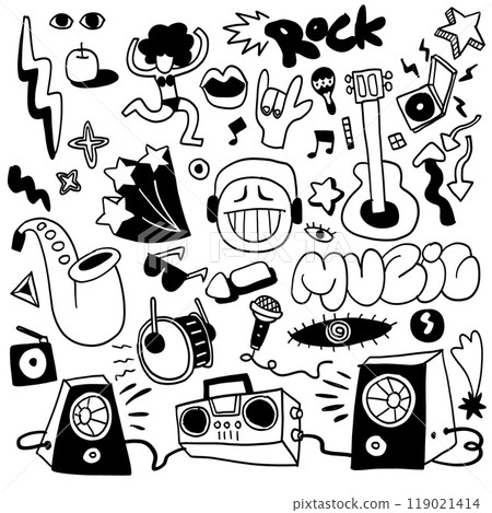 Hand Drawn Music Doodle with Instruments and Fun Elements 119021414